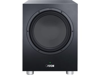 Schwarzer Canton Power Sub 10 S2 Subwoofer, Frontansicht, großer runder Lautsprecher und silberfarbene Metallfüße