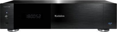 R_volution Play Pro 8K TV Medienplayer in Schwarz aus gebürstetem Metall, Frontalansicht mit zentralem Display und USB-Anschluss