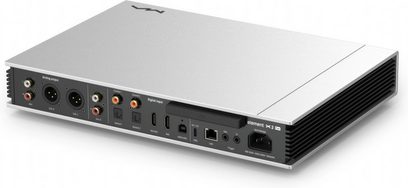 Matrix Audio Element X2 Pure network audio player in brushed aluminum silver, rear three-quarter view, flat case with black finned sides and a row of RCA, XLR, optical, USB, HDMI-ARC, Ethernet ports, and power socket