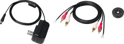 AT-LP70XBT sort, sort strømkabel, RCA-kabel med røde og hvide stik, sort cirkulær modvægt