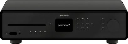 Sonoro Maestro matte black all-in-one hi-fi system, front view with CD player, display and control dial