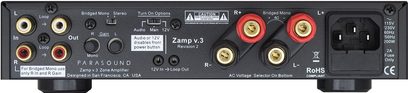 Parasound Zamp v3 sort stereforstærker, bagside med RCA-stik, skrueterminaler, spændingsvælger og sikring