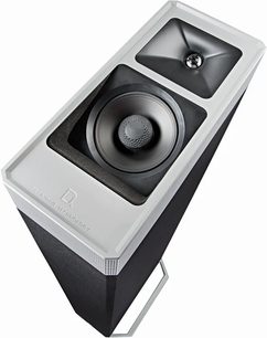 Sort søjlehøjttaler Definitive Technology BP9080 med basenheder, diskant og metalrist, set forfra