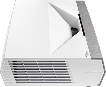 Videoprojektor Optoma CinemaX D2 bílý, pohled shora v perspektivě, přední strana, ventilační mřížka, optický výstup