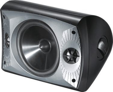 Udendørs højttaler Paradigm Stylus 370-SM sort, perspektivvisning, front med 1 stor central højttaler og 2 sideplacerede diskanter
