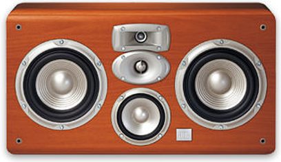 JBL LC2 orange centerhøjttaler med 2 sorte basenhedshøjttalere og 1 sølvfarvet diskanthøjttaler, set forfra