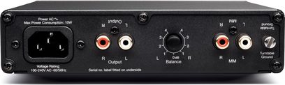 Preamplificatore phono Cambridge Audio Alva Solo grigio antracite, vista frontale, con pulsanti, prese e spie sul pannello frontale