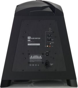 JBL Studio 150P/230 subwoofer set bagfra, tilslutninger og indstillinger synlige på blank sort panel