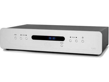 Tuner Atoll Electronique TU80 Signature silberfarben, Frontblende mit blauer Anzeige, Bedienknöpfe und Kontrolltasten