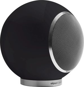 Elipson Planet L Performance højttaler i sort lak med sfærisk form, cirkulært metalgitter og sølvfarvet base