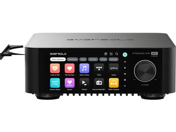 Amplificatore hi-fi integrato stereo EverSolo Play CD Edition nero in alluminio spazzolato, vista frontale con cassetto del disco aperto a sinistra, schermo touch a colori centrale che mostra le icone delle applicazioni e grande manopola del volume circolare a destra