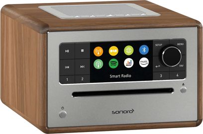 Radio digitale Sonoro Elite in noce - argento, frontale grigio metallizzato con schermo a colori, pulsanti e rotella, finitura in legno