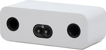 White Q Acoustics 3090c center speaker in a matte MDF enclosure, rear view from a slight overhead angle, rounded corners, two black circular ports, and a recessed central panel with Q-branded binding posts