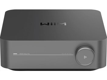 Stereo geïntegreerde hi-fi versterker WiiM Amp Pro in ruimtegrijs met rechthoekige behuizing, ronde knop aan de rechterkant en logo bovenop