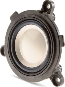 Focal Clear MG højttaler i børstet aluminium, set fra siden, med beige membran og sorte læderpuder