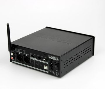 Sort Tangent DAC II audio-DAC-konverter, frontpanel med stik og kontroller, let skråt ovenfra-perspektiv