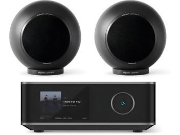 Paar schwarzer kugelförmiger Elipson Planet L Lautsprecher mit schwarzem Audio-Netzwerkplayer mit Touchscreen