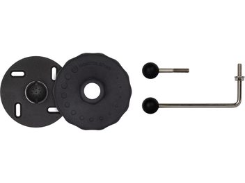 Suport pentru boxă Monitor Audio MASM Mount negru, compus din două discuri perforate, două bile și un tub filetat