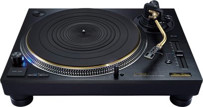 Gramofon Technics SL-1210GMEEK černý, zlaté S-rameno, pohled shora na talíř a ovládací prvky