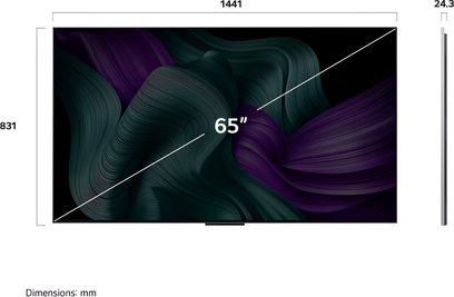 LG OLED65M5 sort OLED-tv med ultratynd metalramme, flad 65-tommers OLED-skærm, vist forfra med en meget slank sideprofil
