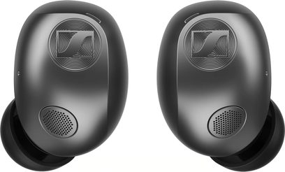 Auricolari wireless Sennheiser Momentum True Wireless 5 neri, vista esterna con logo e griglie շրջան