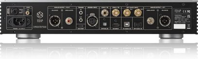 Vedere din spate a unui convertor audio DAC RD160 cu conectori XLR, RCA, coaxiali, optici, USB, alimentare electrică.