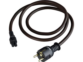 Real Cable PSKAP15 1,5 m toitekaabel, pruunist nailonist punutud ümbris, must Schuko pistik kullatud kontaktidega ja must C7 pistik otstes, vaade ülalt