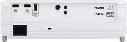 Optoma HD27 hvid videoprojektor, bagside, HDMI, USB, lyd, strøm, 3D sync, 12V ud, fuld 3D 1080p tilslutninger
