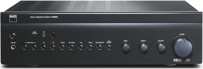 NAD C356BEE grafit stereo hi-fi-forstærker, frontvisning, sort front med sølvfarvede knapper og drejeknapper, blå display, hovedtelefon- og højttalerstik