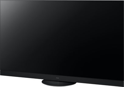 Panasonic TV-65Z90AEG højdefinitionsfjernsyn, sort skærm, trekvart visning, sort cirkulær fod