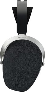 Hifiman Ananda høretelefoner afsløret, forfra set, sort metalbøjle, oval ørepude, sølvfarvet skal, sort tekstureret overflade