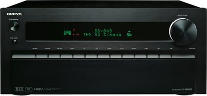 Onkyo TX-NR1009 sort home cinema-forstærker set forfra, grønt display, sølvfarvede knapper og drejeknapper