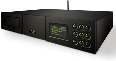 Naim Uniti sort audiosystem, frontpanel med LCD-skærm, 6 runde knapper, 2 drejeknapper og 1 hovedtelefonstik