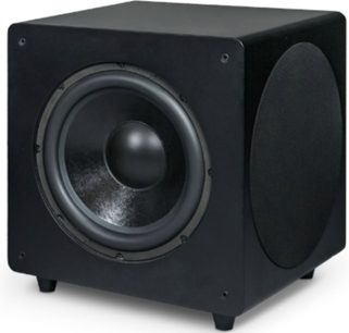 Juodas kubo formos „Velodyne Deep Waves 10“ žemųjų dažnių garsiakalbis su matomu priekiniu garsiakalbiu ir apvaliu šoniniu skydeliu