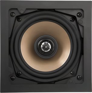 Sort indbygget væghøjttaler ArtSound HPSQ525, rund bronzefarvet kegle med sølvfarvet centermellemtone, set forfra
