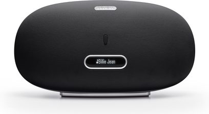 Trådløs, tilsluttet Denon Cocoon DSD-500 højttaler i sort, set forfra, oval form, sort gitter, sølvfarvet logo i midten