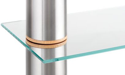 Spectral CD11 hi-fi møbel i børstet metal og glas, detaljeret billede af en cylindrisk fod med hylde i lyst træ