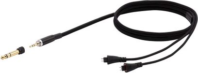 Sort lydkabel med 3,5 mm guldbelagte jackstik i den ene ende og to sorte RCA-stik i den anden ende