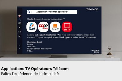 Samsung TQ85Q7F4 2025 højopløsnings-tv i sort med slank metalramme og flad skærm, der viser Tizen OS-grænsefladen, set forfra