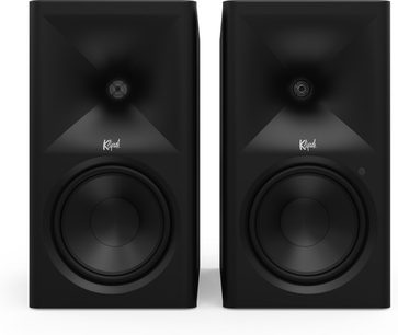 Paar schwarze Klipsch The Sevens II Lautsprecher, Vorderansicht mit quadratischem Horn und großem Lautsprecher