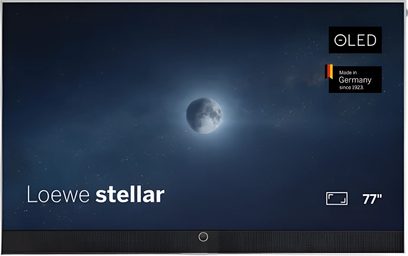 Televizor Loewe Stellar 77 DR+ OLED văzut din față, ecran întunecat cu lună centrală și bară de sunet integrată