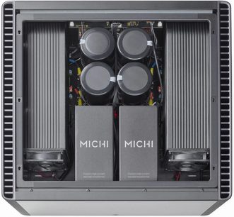 Rotel Michi S5 stereo power amplifier, interior view showing 4 transformers and electronic circuits