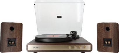 Giradischi hi-fi Enova HIFI VELA VP2 con chassis in legno, coperchio trasparente, piatto circolare nero, braccio di lettura nero, pannello frontale con 4 pulsanti rotondi, 2 diffusori rettangolari in legno con connettori e condotti circolari.