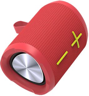 Bluetooth-højttaler Yourban Getone 20 rød, perspektivvisning, cylindrisk form, rødt stof, gule knapper, metalende