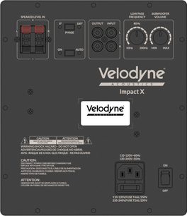 Velodyne Impact X subwoofer med kontrolpanel med justeringer af lydstyrke, frekvens og fase