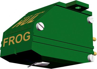 Van den Hul The FROG zaļā vinila galviņa, ar noapaļotu taisnstūra formu, ar zelta krāsas "FROG" logotipu augšpusē