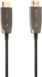 Deux câbles HDMI QED gris foncé, connecteurs dorés, l'un marqué "DISPLAY", l'autre "SOURCE", photographiés de face sur fond blanc