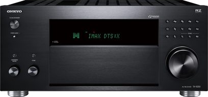 Domácí kino Onkyo TX-RZ50 v černé barvě, pohled zepředu, zelený displej "W IMAX DTS:X", stříbrné tlačítka a ovládací kolečko