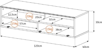 Tehniskā shēma ar gaismadaļu koka TV skapīša izmēriem: 120 cm garš, 40 cm dziļš un 30 cm augsts