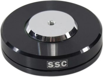 Puntaspilli SSC Magicpoint 200 nera, vista dall'alto, superficie circolare nera lucida con logo SSC argentato al centro